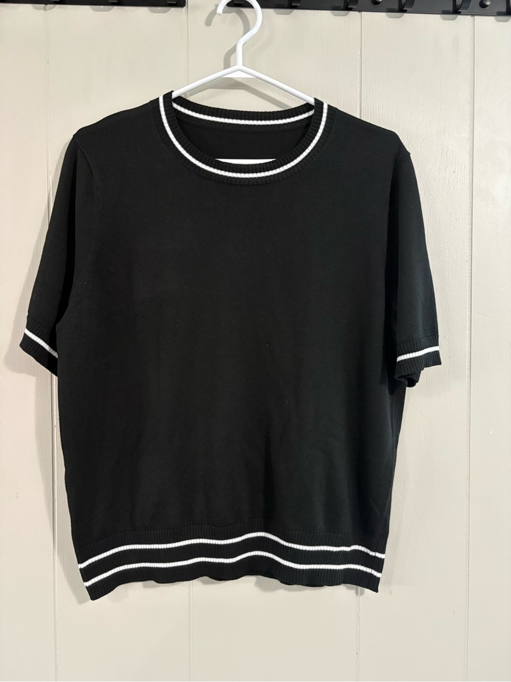 Black Short Sleeve Sweater with White Stripe Trim